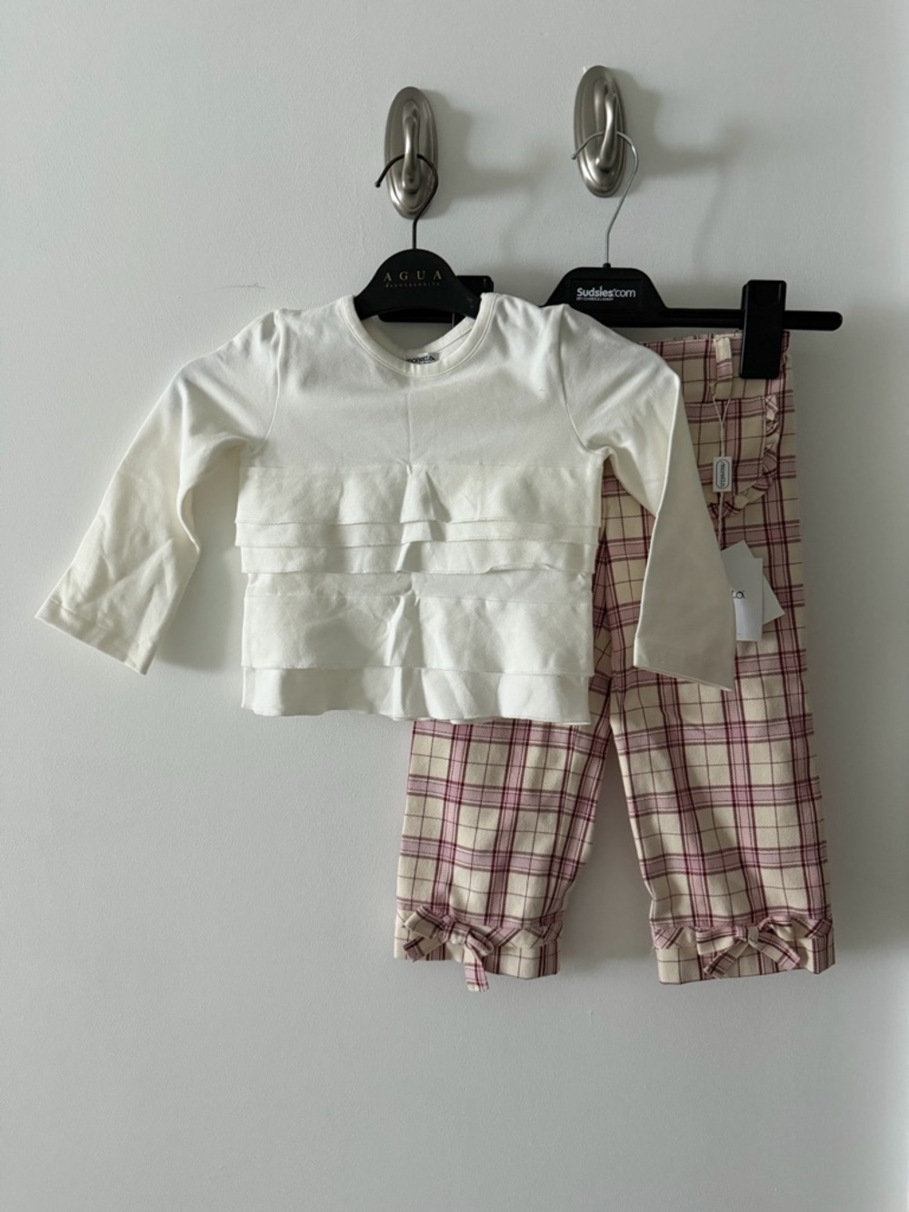 Lovely Two-Piece Set - Cream Ruffle Top & Pink Plaid Pants